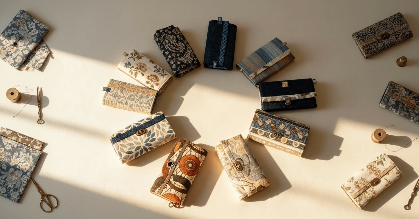 Kreisförmig angeordnete handgefertigte Täschchen und Näharbeiten aus verschiedenen Stoffen auf hellem Untergrund, ergänzt durch Holzspulen und Nähutensilien