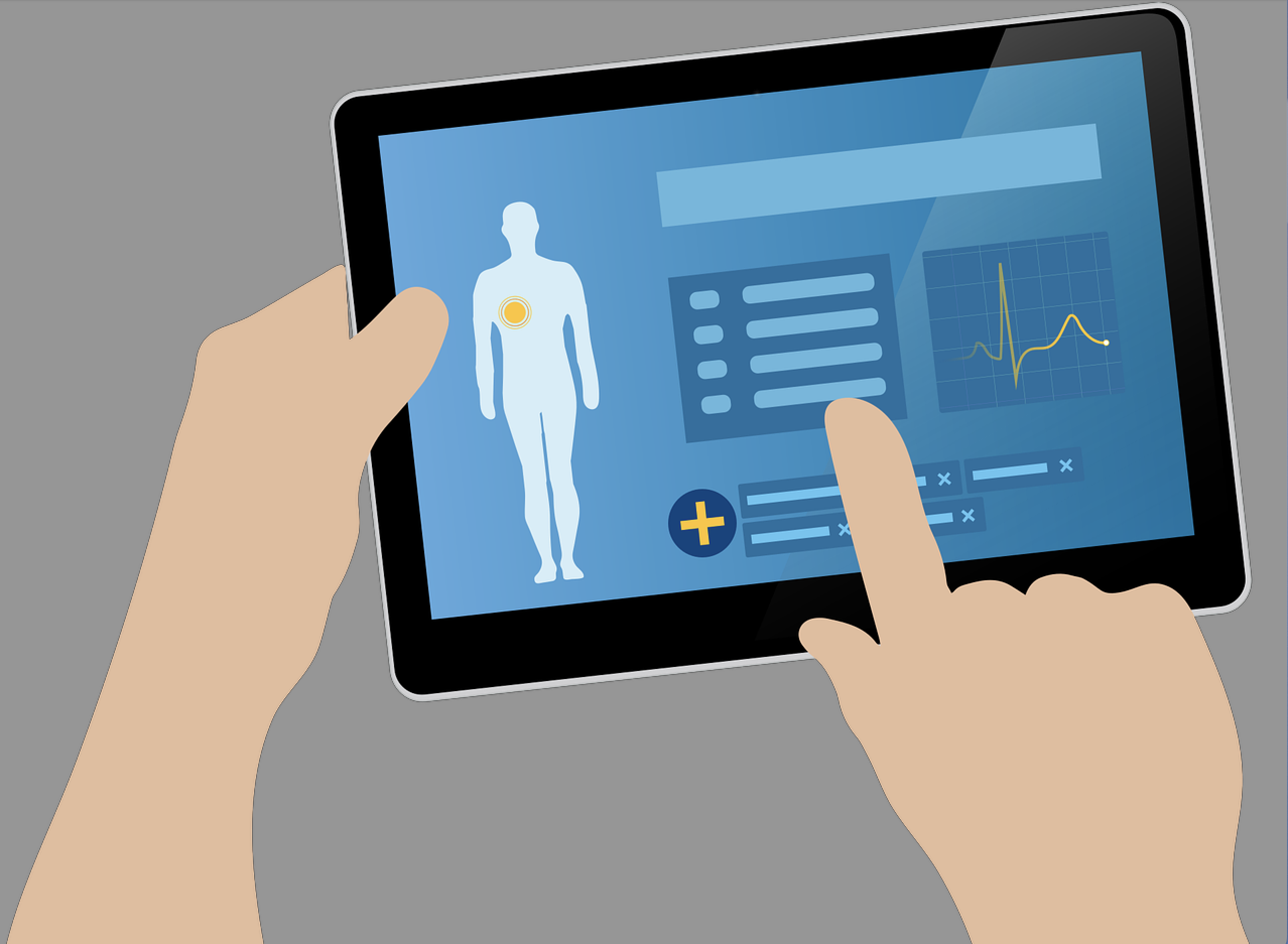 Illustration: Hände bedienen Tablet mit medizinischer Gesundheits-App, anatomische Darstellung und Vitaldiagramme auf dem Bildschirm