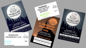 Collage verschiedener Programmhefte und Eintrittskarten des Hambucher Nachttheaters aus den Jahren 2016, 2018, 2022 und 2024 mit Veranstaltungsdaten und Preisen