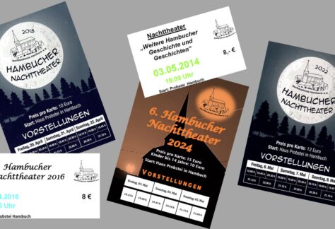 Collage verschiedener Programmhefte und Eintrittskarten des Hambucher Nachttheaters aus den Jahren 2016, 2018, 2022 und 2024 mit Veranstaltungsdaten und Preisen